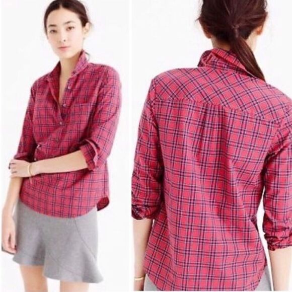 J. Crew Red Plaid Half Button Down Long Sleeve Shirt - Picture 1 of 7